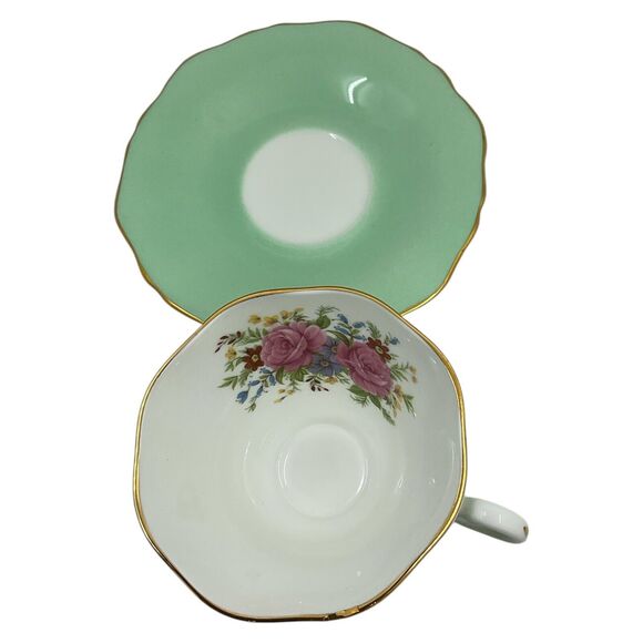 Mint Green Floral Crown Tea Cup and Saucer Staffordshire England Pink Roses - Picture 3 of 7